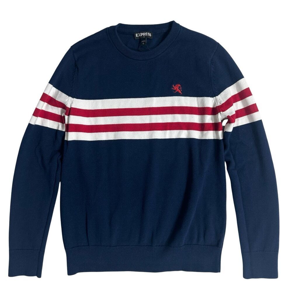 Express Sweater Mens Medium Navy Blue Stripe knit Long Sleeve Crew Neck Pullover